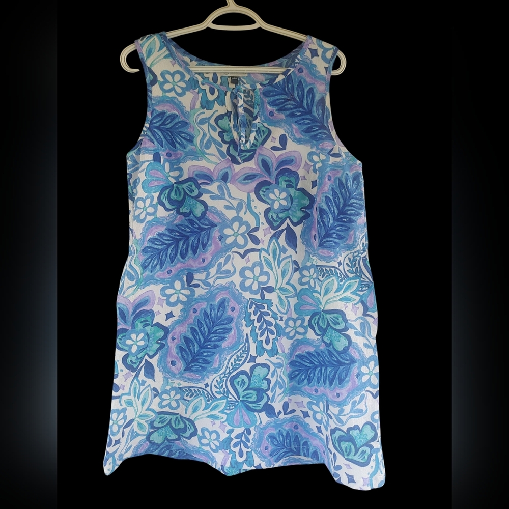 J. Valdi Blue and White Floral Sleeveless Dress Large